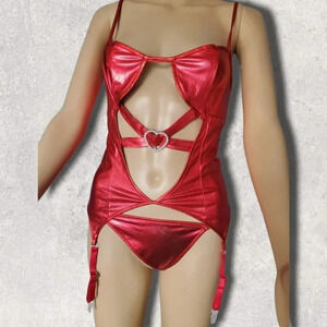 Red Cutout Strap Bling Heart Slip Costume Sexy Lingerie with Stocking Clips